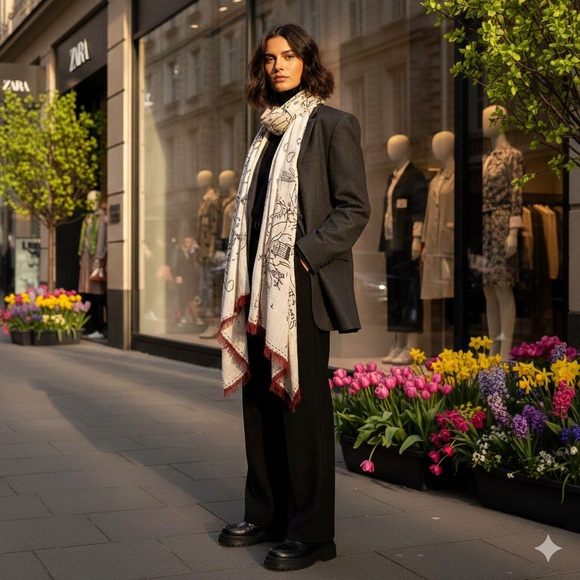 Madewell Accessories - Madewell Exclusive Cream and Red Patterned Shawl